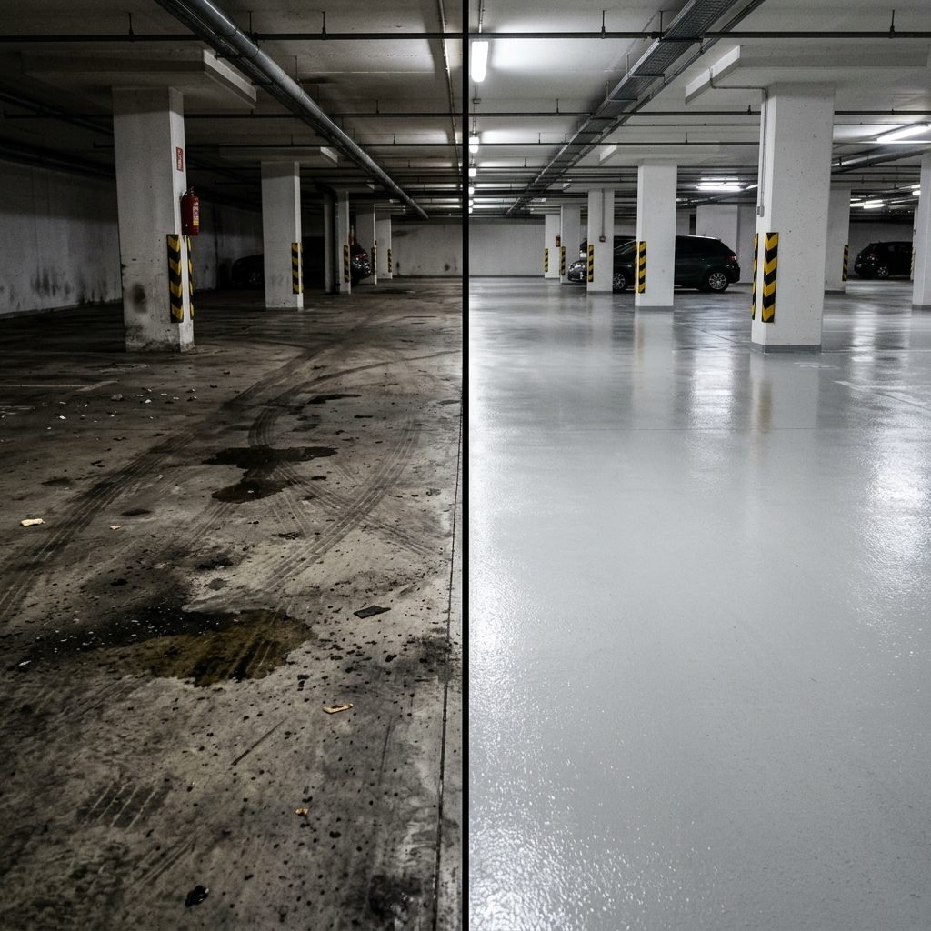 Czyszczenie hali garażowej — efekt przed i po