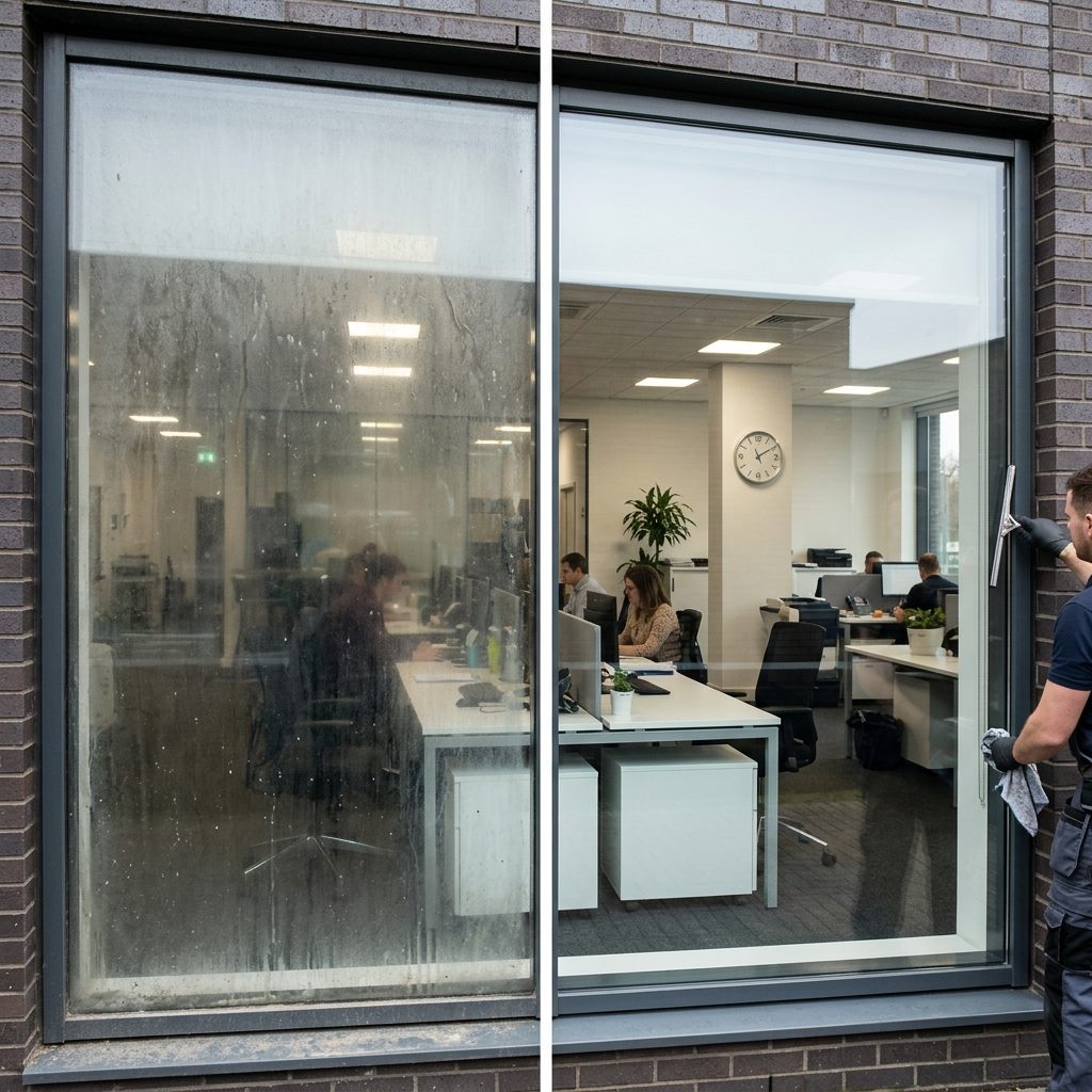 Mycie przeszkleń biurowych — efekt przed i po